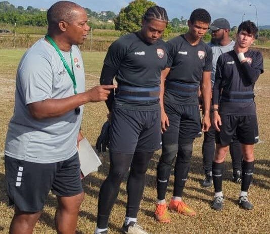 (From left to right): T&T under-20 men’s football team coach Brian Haynes and goalkeepers Ailan Panton, Makaya Taylor and Brian Gafiuk. Photo courtesy TTFA media. -