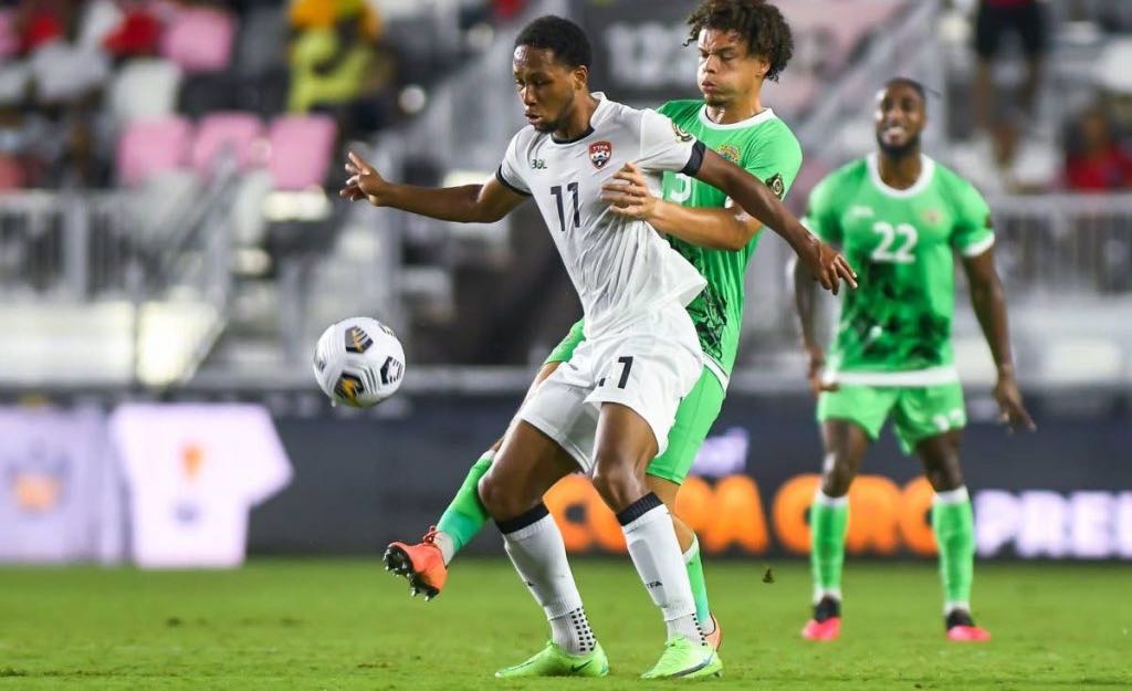 Trinidad and Tobago's Judah Garcia(front) vies for control against Montserrat in the first-round Concacaf Gold Cup qualifier, on Friday, at the DRV PNK Stadium, Ft Lauderdale, Florida, USA. - TTFA Media