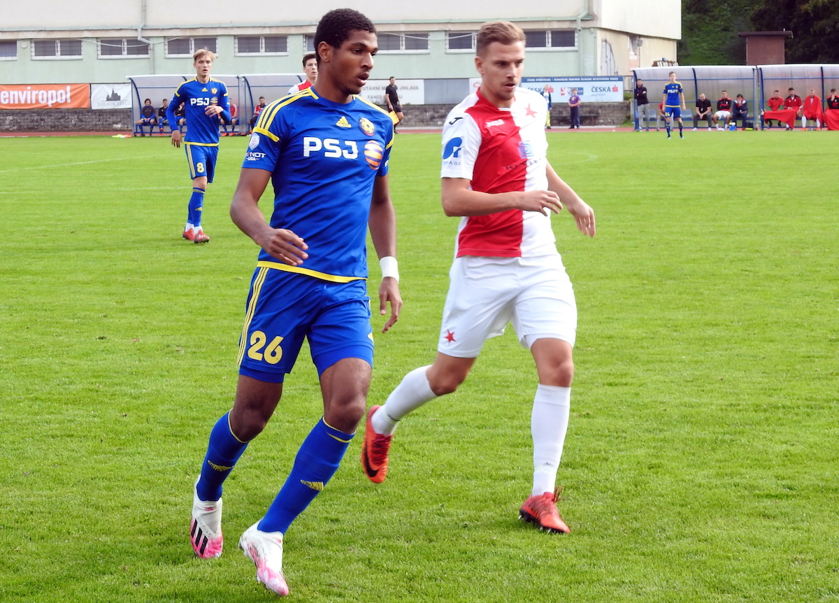 FC Vysočina Jihlava B's Justin Araujo-Wilson in action during a match against SK Hanácká Slavia Kroměříž on October 3rd 2020.