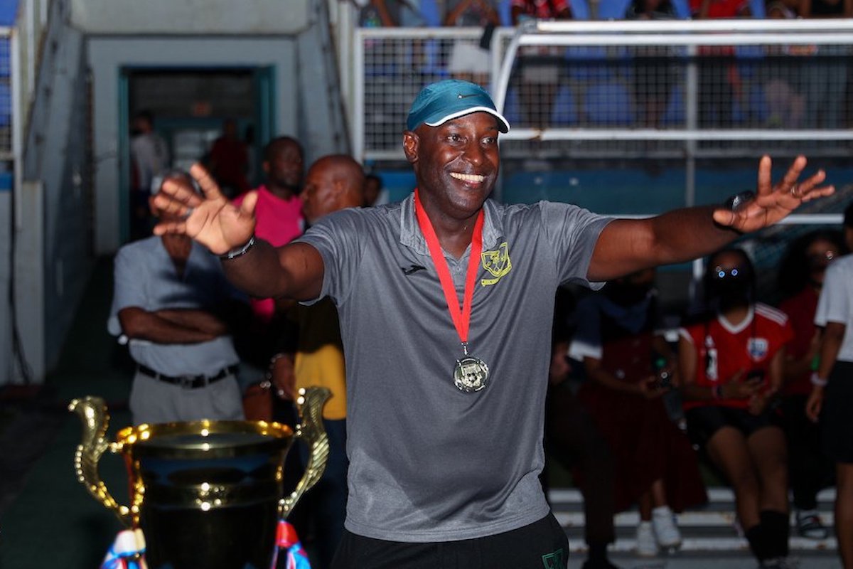 St. Benedict's Head Coach Randolph Boyce celebrates after his team defeated Fatima College 3-1 in the Big 4 Final at the Ato Boldon Stadium, Couva on Wednesday, October 26th 2022 to win their first national league title in 55 years.