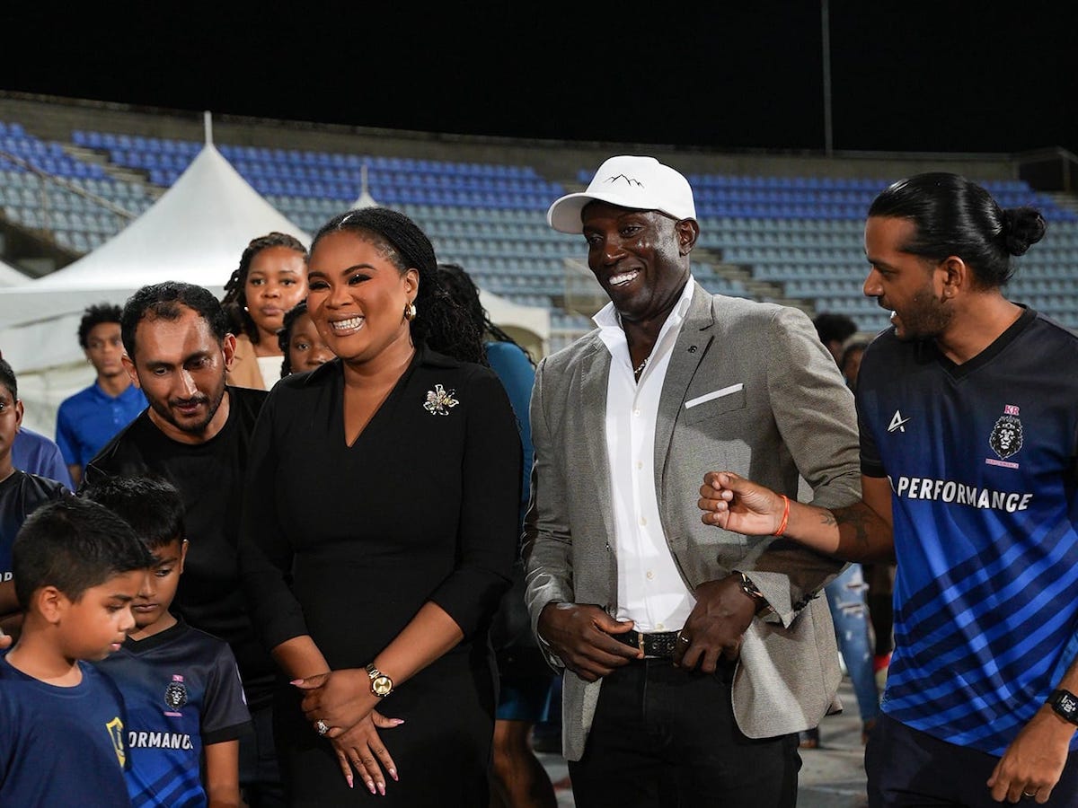 Minister of Sport Shamfa Cudjoe-Lewis and Trinidad and Tobago Head Coach Dwight Yorke at the latter's unveiling at the Ato Boldon Stadium, Balmain, Couva, on Thursday, November 14th 2024.