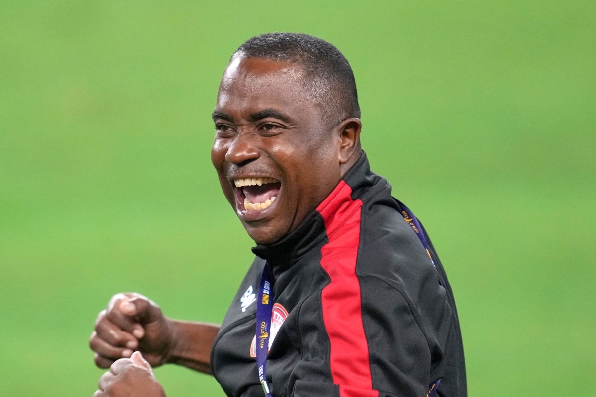 Trindad and Tobago head coach Angus Eve reacts after a play in action during a CONCACAF Gold Cup group stage match between Mexico and Trinidad & Tobago on July 10, 2021 at AT&T Stadium in Arlington, TX. (Photo by Robin Alam/Icon Sportswire via Getty Images)