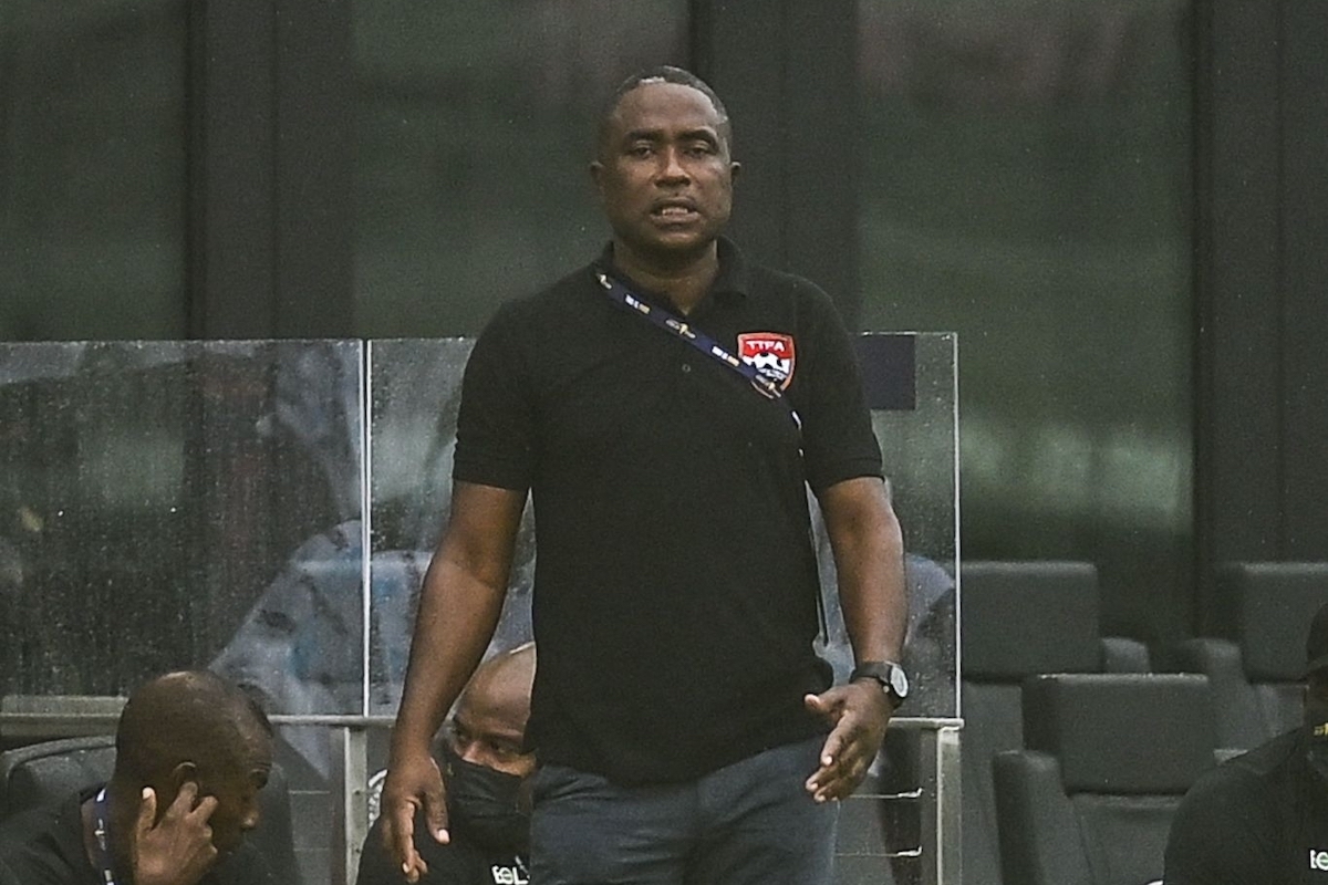 Trinidad and Tobago's Head Coach Angus Eve gestures from the stand during the Gold Cup Prelims football match against French Guyana at the DRV PNK Stadium in Fort Lauderdale, Florida, on July 6, 2021. (Photo by CHANDAN KHANNA/AFP via Getty Images)