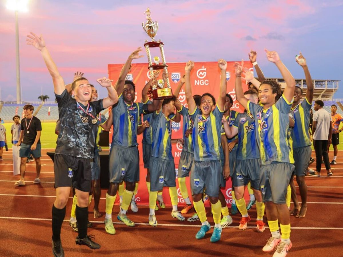 Fatima College celebrate their victory in the SSFL NGC Super Cup match after defeating Presentation College, San Fernando 2-1 at Hasely Crawford Stadium, Mucurapo on Friday, September 6th 2024. PHOTO BY Daniel Prentice