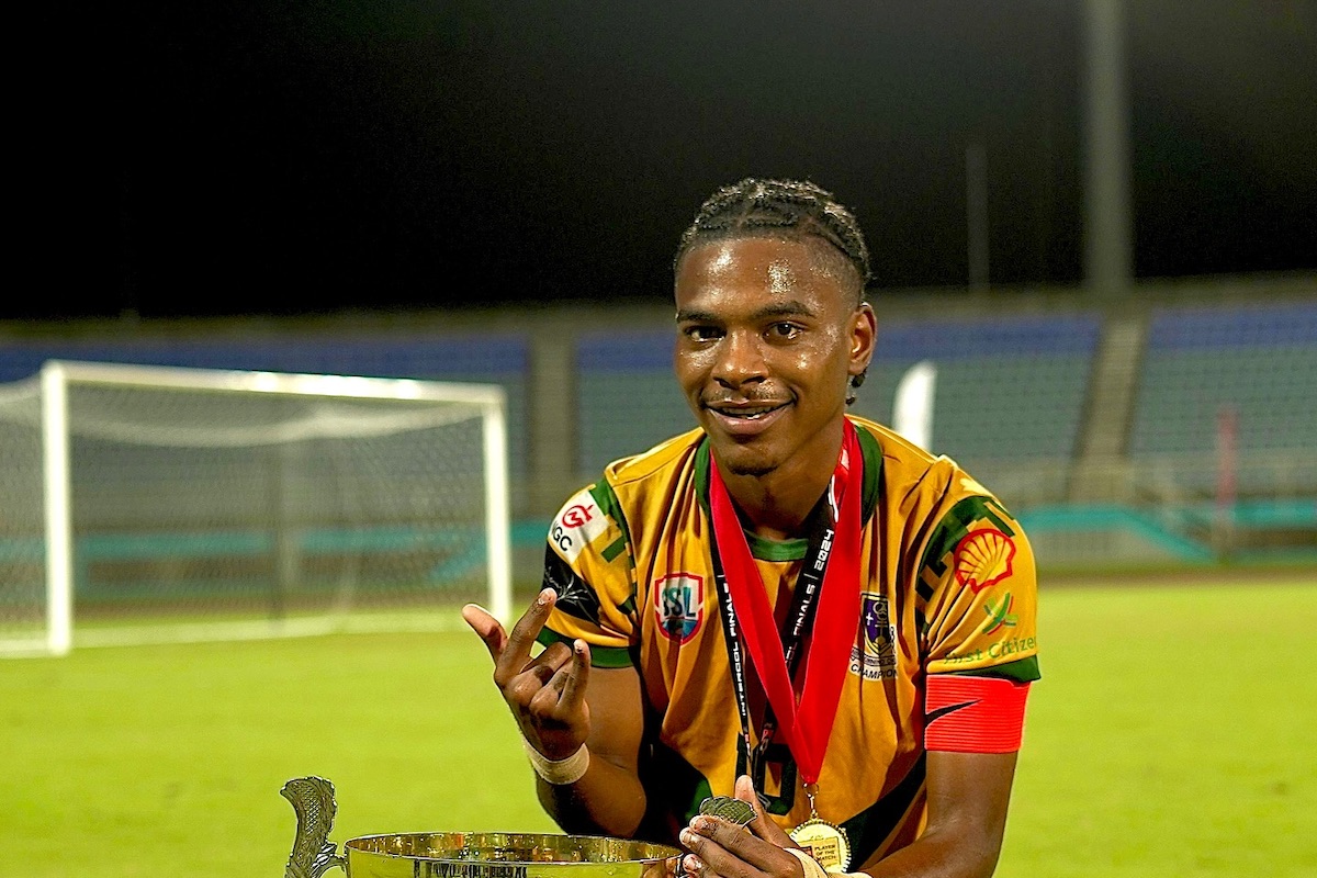 Derrel Garcia poses for a photo after winning the 2024 Secondary Schools Football League National Coca-Cola Intercol title with St Benedict's College's against Fatima College at the Ato Boldon Stadium in Balmain, Couva on Thursday, December 5th 2024. 