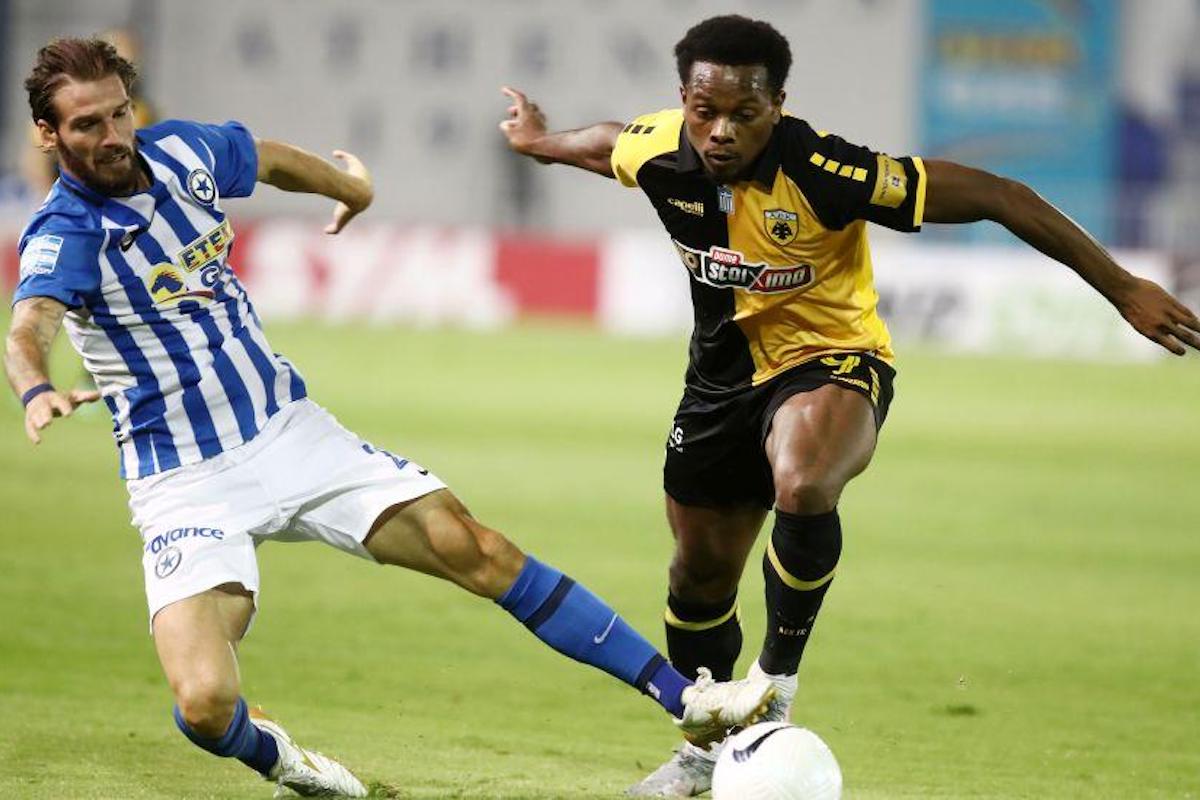 AEK Athens FC's Levi Garcia (right) challenges for the ball during a Greek Super League match against PAS Lamia 1964 on September 27th 2020 at the Athens Olympic Stadium, Athens Greece.