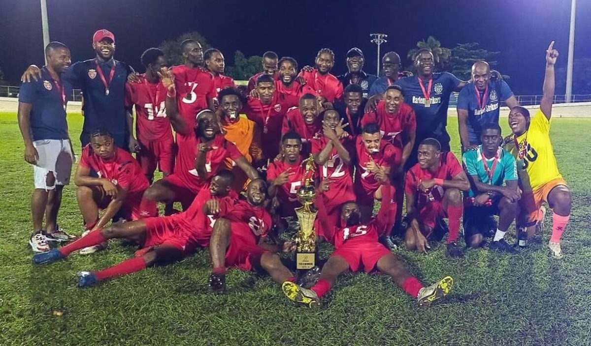 TTPFL tier two champions Harlem Strikers celebrate their 2-0 win over Defence Force in the final at the Arima Velodrome on June 29th 2024.