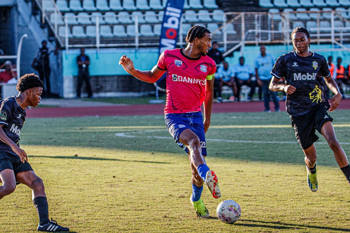 Naparima College Captain Israel Joseph controls the ball during acth against Presentation College, San Fernando at Manny Ramjohn Stadium, Marabella on Saturday, November 1st 2024.