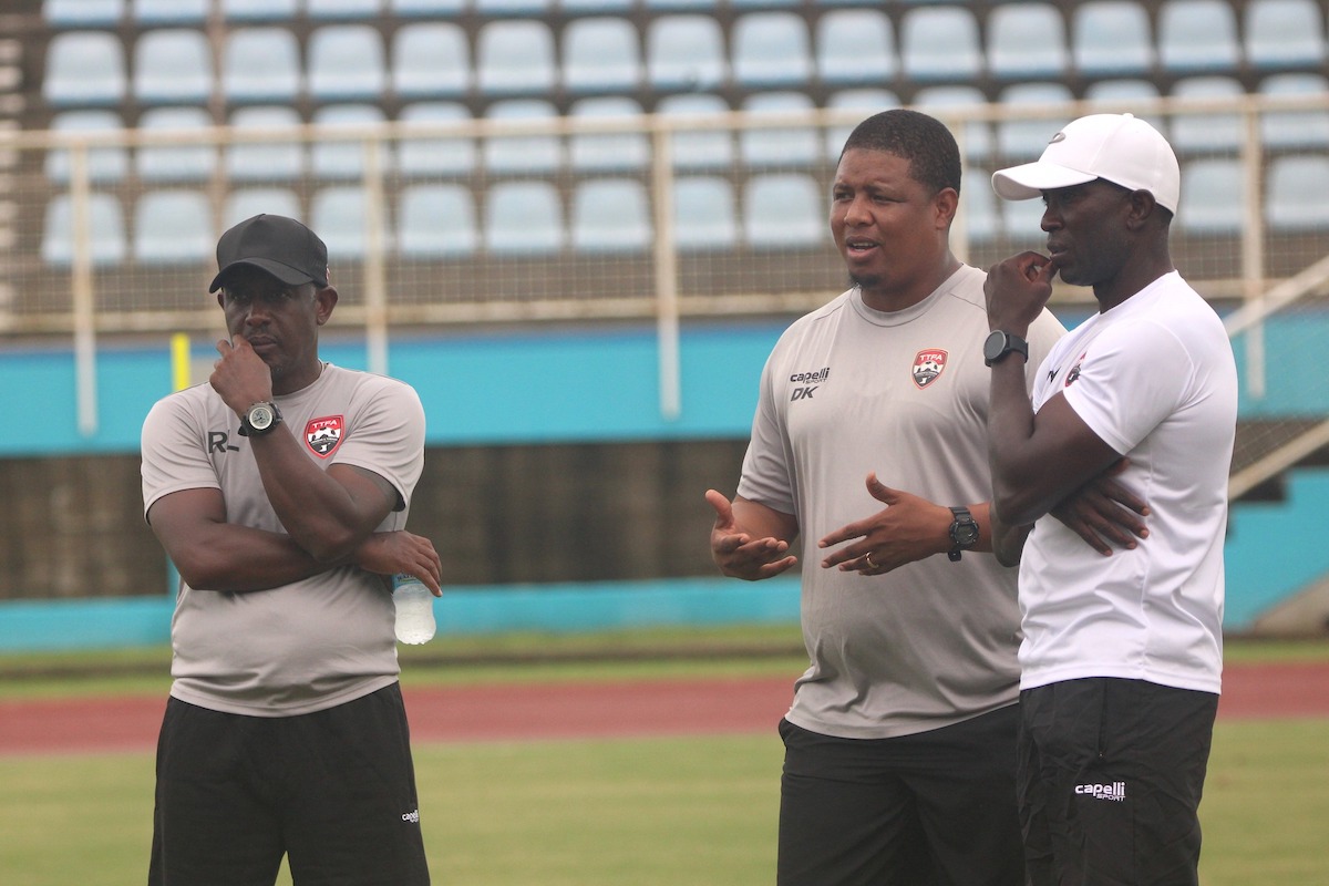 Trinidad and Tobago Head Coach Dwight Yorke (right), and Assistant Coaches Russell Latapy (left) and Derek King (center), during a training session at ash Ato Bolton Stadium, Couva on Tuesday, November 12th 2024.