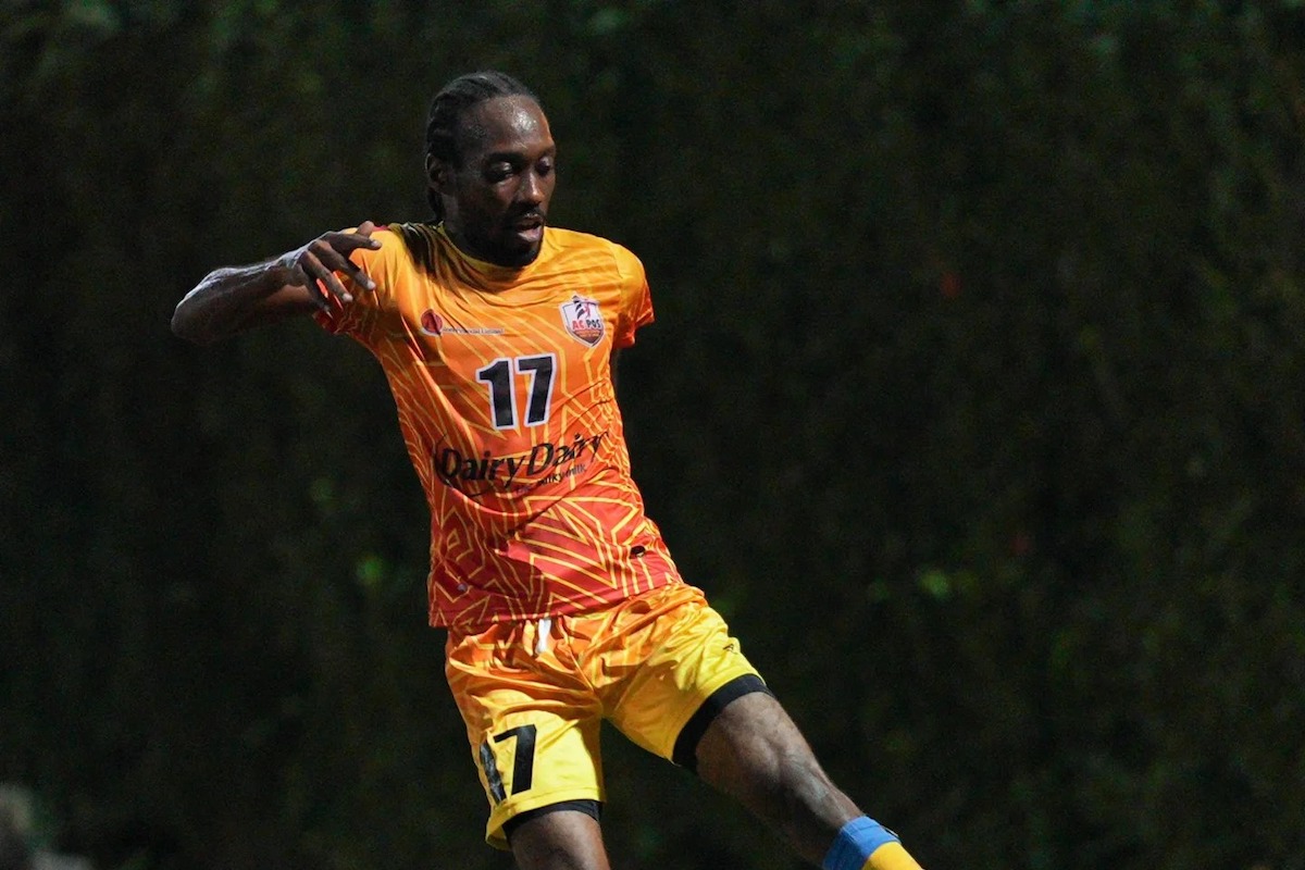 AC PoS winger Nathan Lewis controls the ball during a T&T Premier Football League (TTPFL) match versus Eagles FC at the Mahaica Sporting Complex, Point Fortin on Sunday, December 8th 2024.