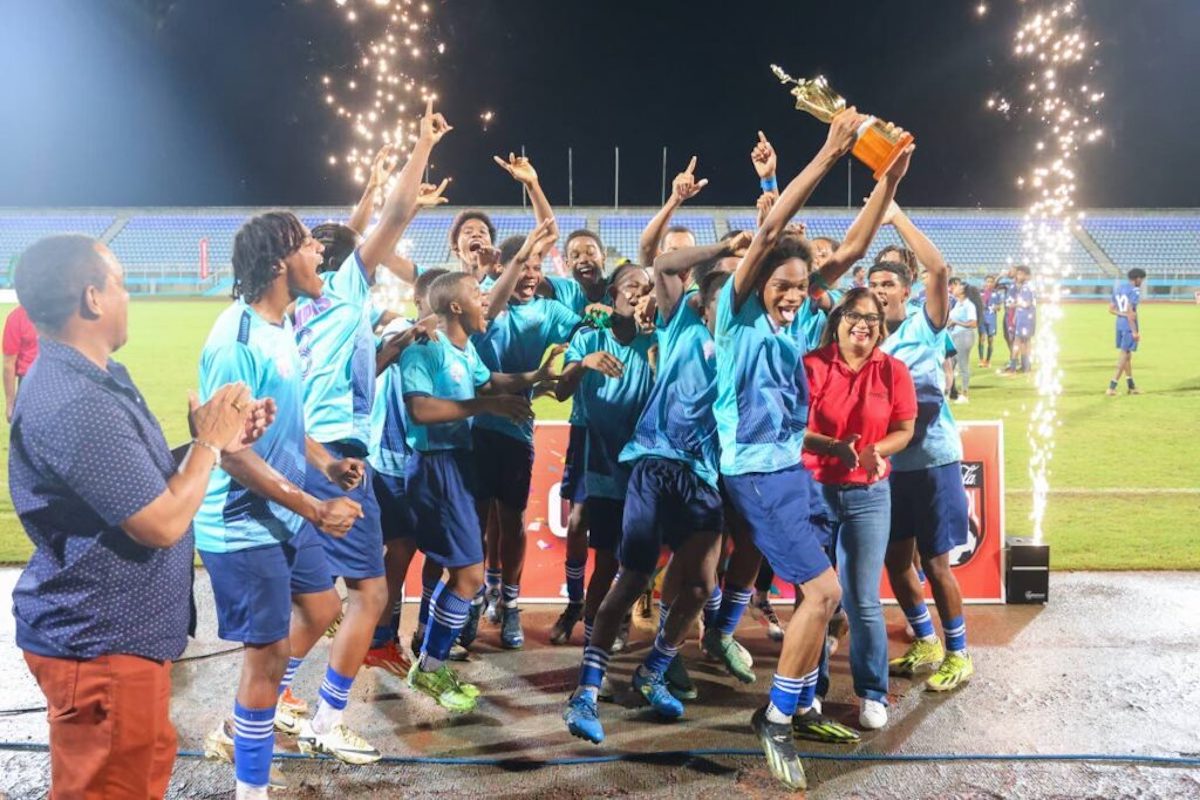 Miracle Ministries celebrate their victory against Chaguanas North Secondary during the SSFL Coca-Cola Intercol Boys Central Zone final at the Ato Boldon Stadium, Couva on Monday, November 18th 2024. PHOTO BY Daniel Prentice