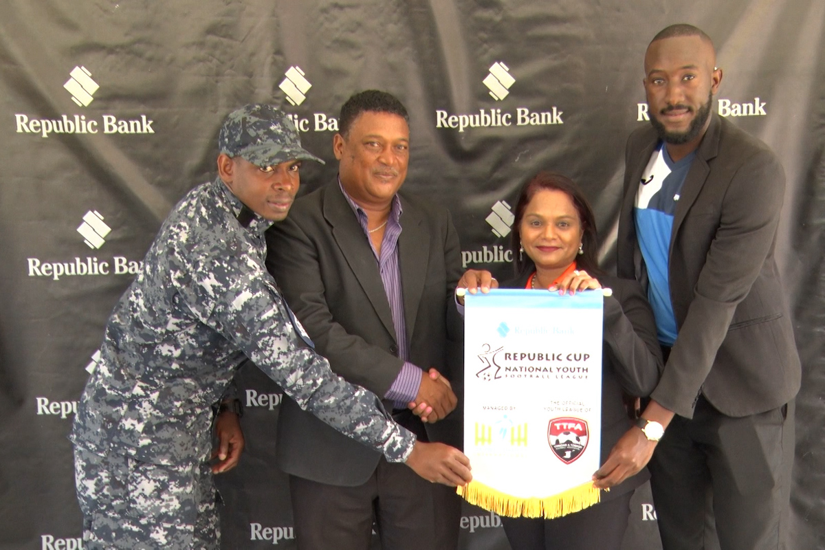 L-R: Anthony Wolfe (former T&T midfielder), Anton Corneal (TTFA Technical Director),  Reena Gopaul (Manager Group Brand Management at Republic Bank), Shem Alexander (Managing Director of Gateway Athletics)