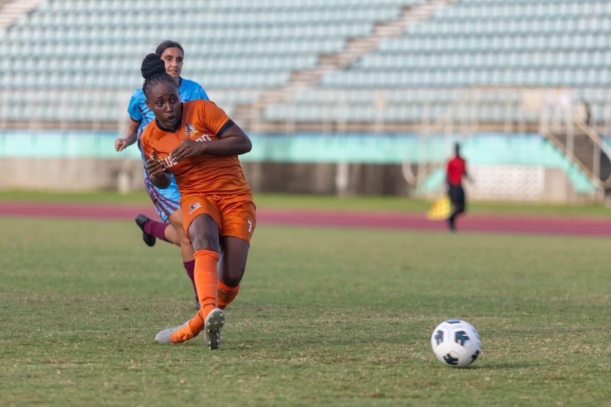 Club Sando Womnen's Dennecia Prince takes a shot at goal during a game against QPCC at Manny Ramjohn Stadium, Marabella on Sunday, September 25th 2023.