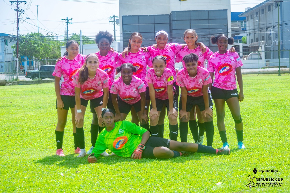 Pro Series' girls' under-20 football team's starting eleven pose for a team photo before facing Tobago Chicas in the Republic Cup National Youth Football League Champions of Champions title match at the Republic Bank Sports Club, Barataria on June 15th 2024. PHOTO BY: 12 Media Productions.