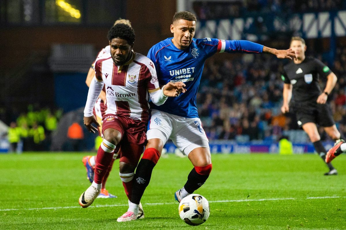 Rangers' James Tavernier and St Johnstone's Andre Raymond in action during a William Hill Premiership match between Rangers and St Johnstone at Ibrox Stadium, on October 06, 2024, in Glasgow, Scotland. (Photo by Alan Harvey/SNS Group via Getty Images)