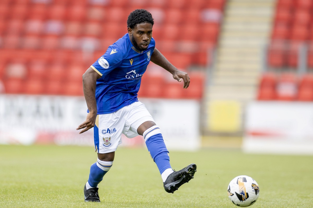 St. Johnstone defender Andre Raymond in action during a Scottish League Cup match against Greenock Morton at McDiarmid Park, Perth, Scotland on Saturday, July 20th 2024.