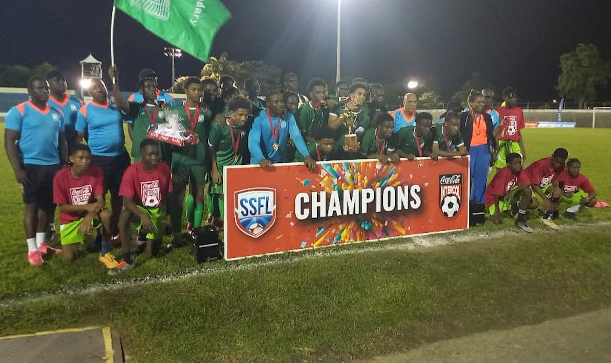 San Juan North Secondary boys' football team celebrate after beating Trinity College East 2-1 during the Coa-Cola SSFL Intercol East Zone final, on Wednesday, November 20th 2024, at the Arima Velodrome, Arima.