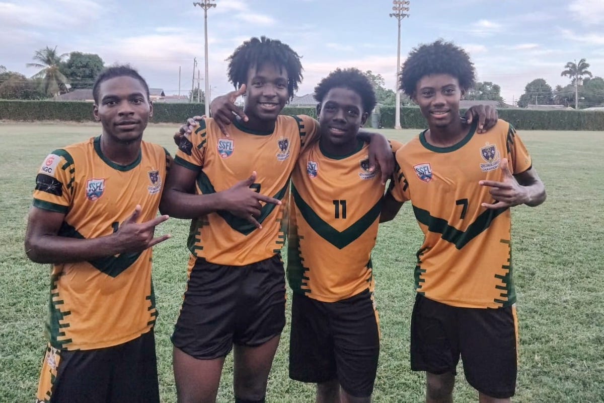 L-R: St. Benedict's College's Derrel Garcia, Josiah Ochoa, Ethan Trotman, and Elijah David pose for a photo after an 8-0 win against Miracle Ministries Pentecostal High School at the Mahaica Sporting Complex, Point Fortin on Tuesday, October 29th 2024.