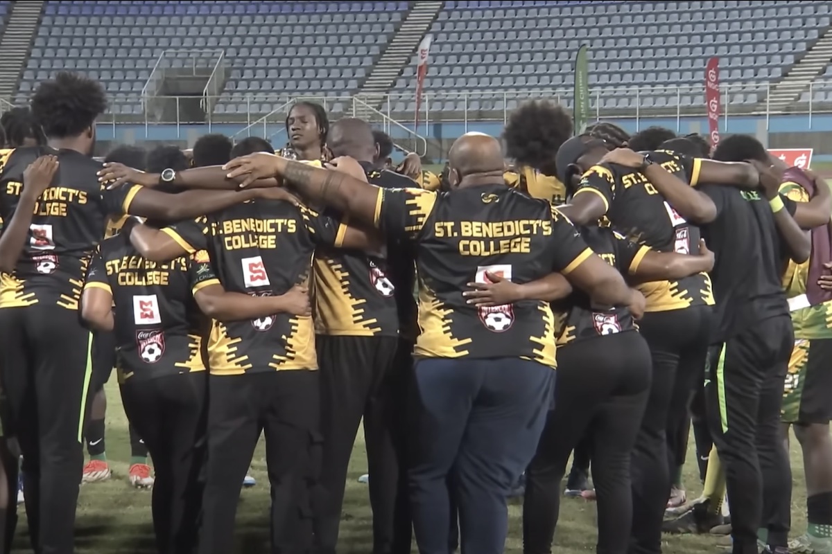 St. Benedict's College huddle before a penalty shootout against Naparima College in the the Coa-Cola SSFL Intercol South Zone final, on Friday, November 22nd 2024, at the Ato Boldon Stadium, Couva.