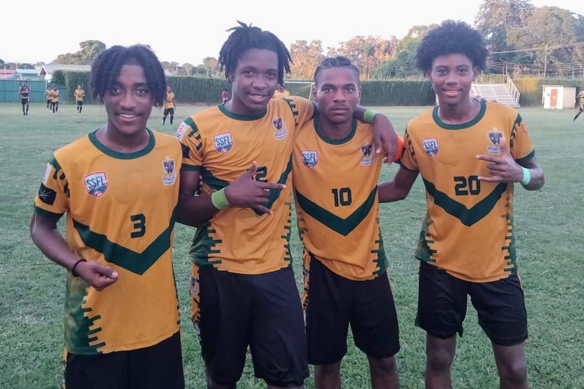 St Benedict’s College goal scorers (from left) Kylon Cayenne, Josiah Ochoa, Derrel Garcia and Elijah David pose after their 6-0 win over St Augustine Secondary in SSFL Premier Division action at the Mahaica Sporting Complex in Point Fortin on Wednesday, October 16th 2024.