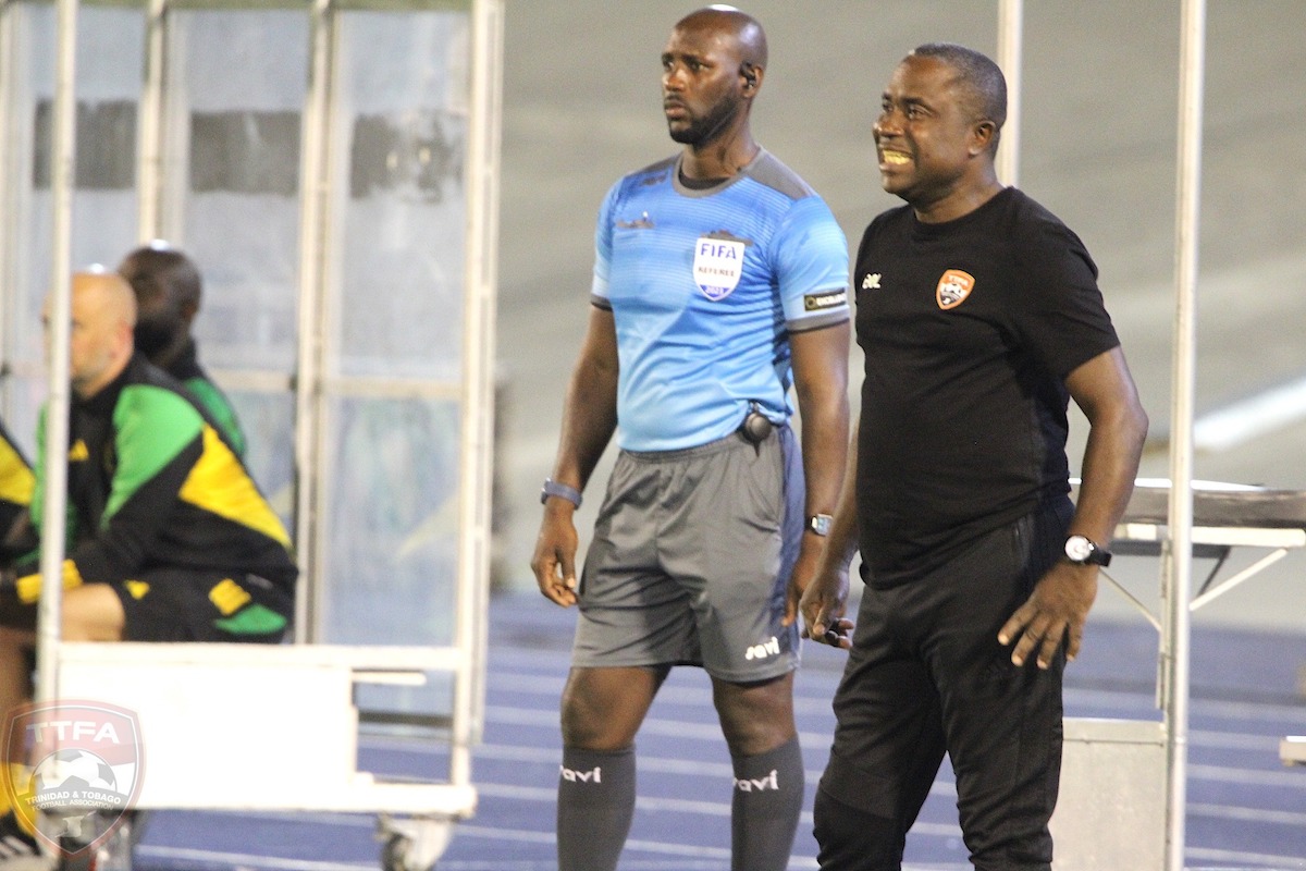 Trinidad and Tobago Head Coach Angus Eve looks on during an International Friendly against Jamaica at the National Stadium, Kingston, Jamaica on March 14th 2023.