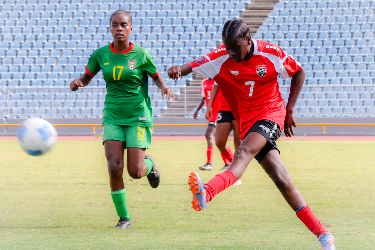 Trinidad and Tobago's Jayda Herbert (#7) takes a shot during a Concacaf Girls’ Under-15 Championship match against Grenada at the Hasely Crawford Stadium, Mucurapo on Thursday, August 8th 2024.