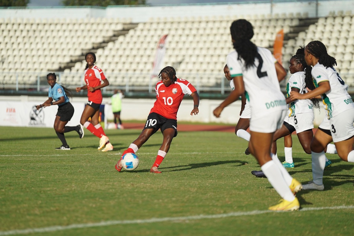 Trinidad and Tobago’s Orielle Martin (#10) takes a shot on goal against Dominica’s during a Jewels of the Caribbean Women's U-20 tournament match, on Sunday, December 15th 2024, at Larry Gomes Stadium, Malabar.