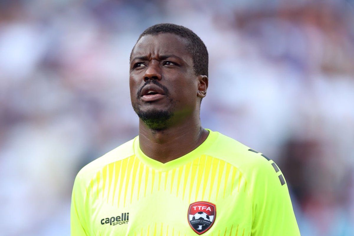 Marvin Phillip #1 of Trinidad and Tobago during the playing of the national anthem prior to playing the United States in a Group A - 2023 Concacaf Gold Cup match at Bank of America Stadium on July 2, 2023 in Charlotte, North Carolina. (Photo by Andy Mead/USSF/Getty Images for USSF)