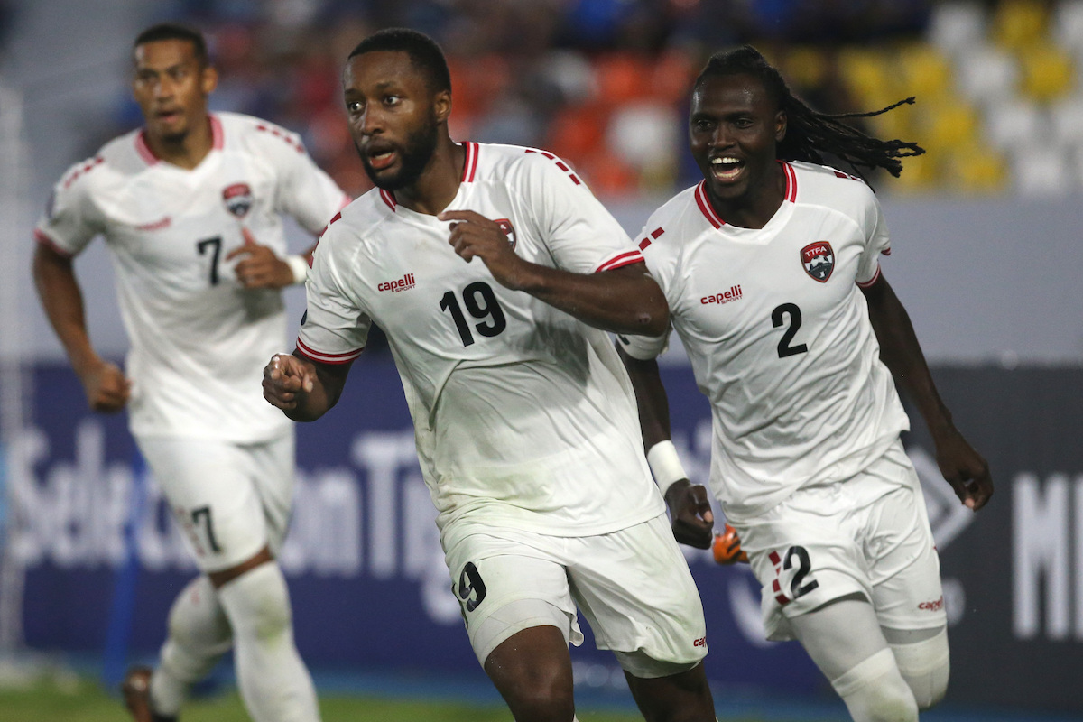 Trinidad and Tobago's Malcolm Shaw celebrates with Aubrey David (right) and Ryan Telfer (left) after scoring a penalty against El Salvador at Estadio Jorge "El Mágico" González, San Salvador, El Salvador on Sunday, September 10th 2023.