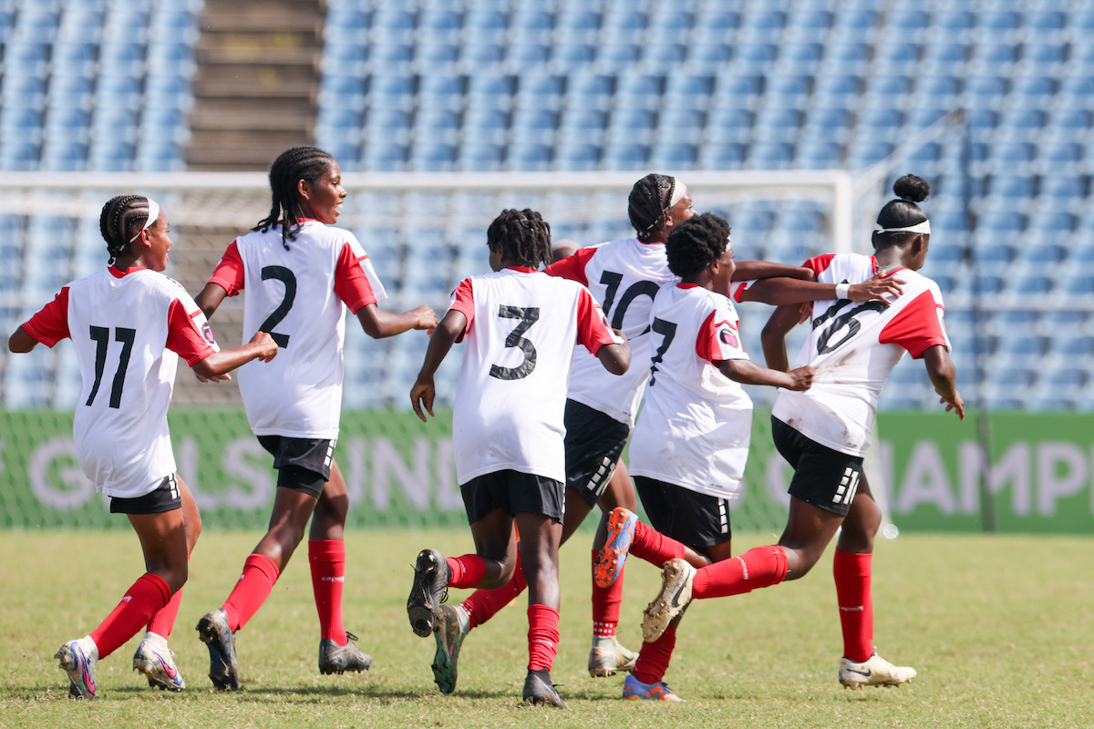 Trinidad and Tobago Girls U-15s celebrate after Taya Williams (#16) scores the game-winning goal against Curaçao in a Concacaf Girls’ Under-15 Championship match at the Hasely Crawford Stadium, Mucurapo on Tuesday, August 6th 2024.