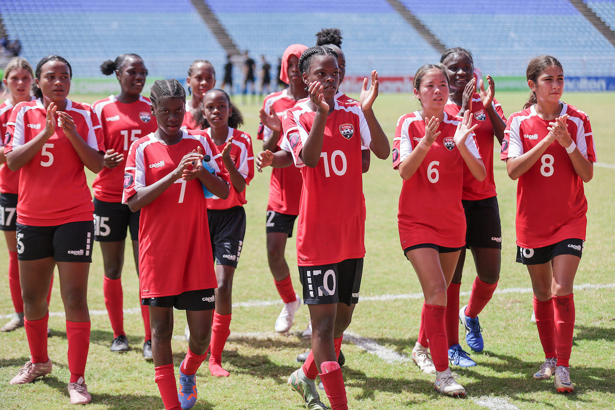 Trinidad and Tobago Girls U-15 team applaud the support of the fans after defeating Guatemala 3-0 to secure third place in League B at the Concacaf Girls' U-15 Championship at Hasely Crawford Stadium, Mucurapo on Sunday, August 11th 2024.