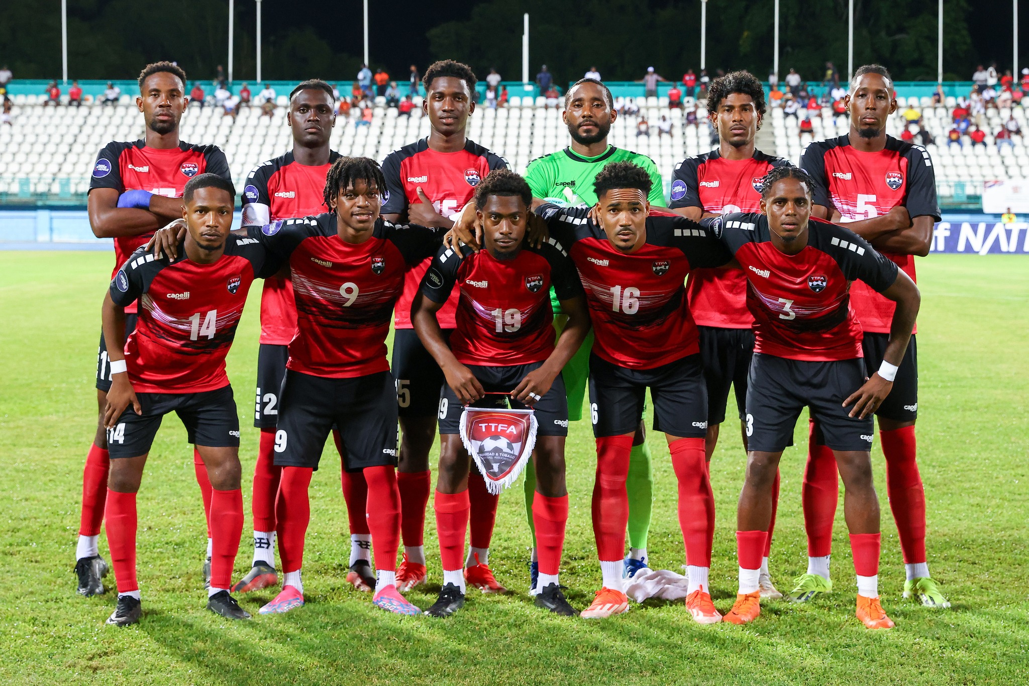 Trinidad and Tobago's starting eleven pose for a team photo before facing Cuba in a Concacaf Nations League match at Dwight Yorke Stadium, Bacolet, Tobago on Monday, October 14th 2024.