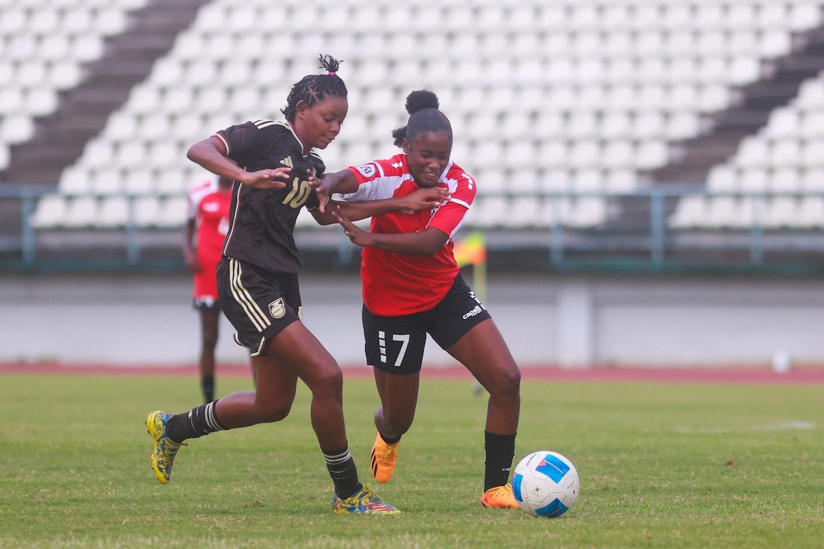 Action between T&T "Red Angels" and Jamaica Women U-20 during their Jewels of the Caribbean U-20 women's invitational match at the Larry Gomes Stadium in Malabar, Arima on Thursday, December 19th 2024.