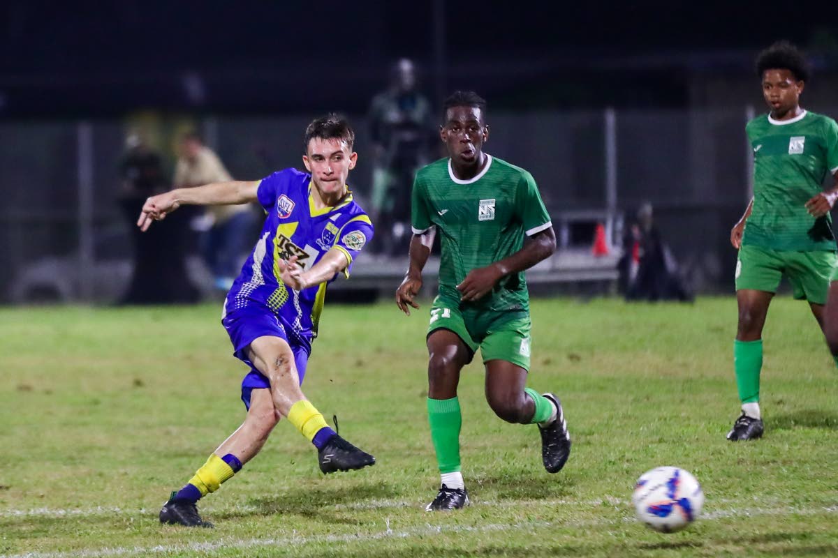 Fatima College's Caden Trestrail shoots at goal against San Juan North Secondary during the SSFL Boys Intercol semifinal at the Diego Martin Sporting Complex on Thursday, November 28th 2024, in Diego Martin. PHOTO BY Daniel Prentice