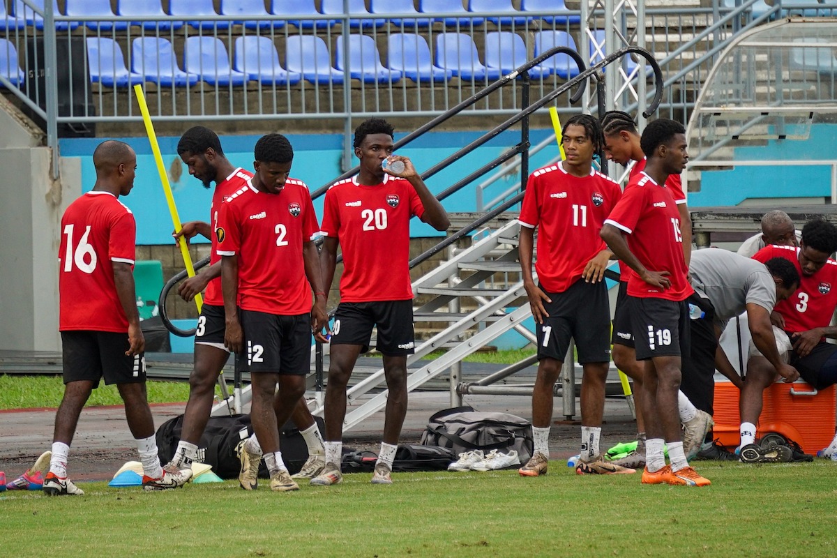 Players take a refreshment break during their first training session under Head Coach Dwight Yorke at the Ato Bolton Stadium, Couva on Tuesday, November 12th 2024.