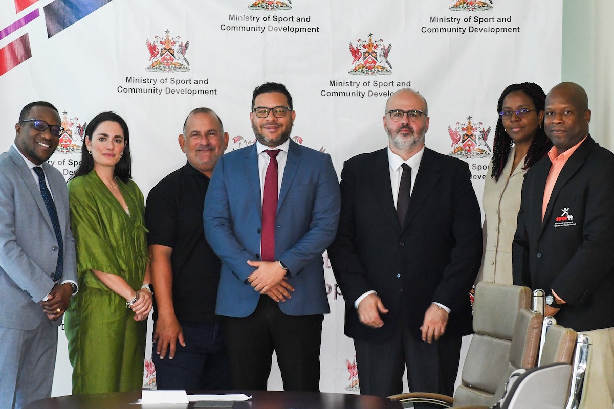 L-R: David Roberts, Sofia Malizia, Robert Hadad, Randall Mitchell, Nodar Akhalkatsi, Beverly Reid-Samuel, and Justin Latapy-George at a meeting to review the TTFA Constitution on October 25th 2023.