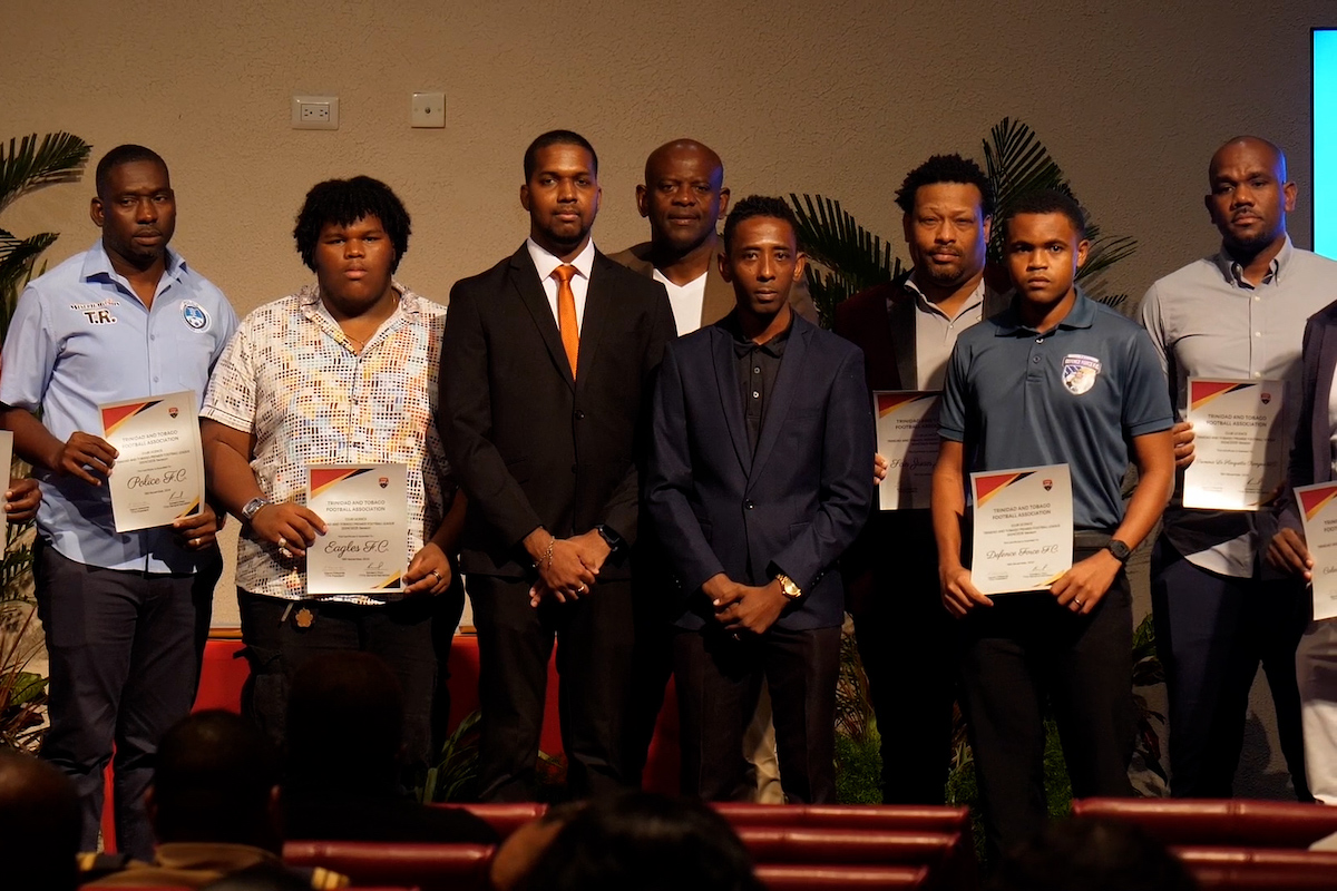 Several club officials display their new T&T Premier Football League licences during the league's launch on Tuesday, November 19th 2024, at the National Academy for the Performing Arts (NAPA), Port of Spain.