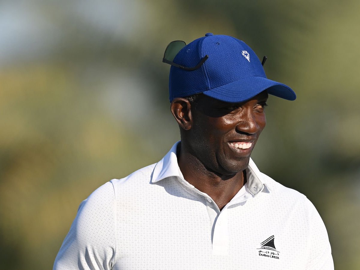 Dwight Yorke, former Manchester United footballer, in action on Day Two of the Dubai Invitational at Dubai Creek Golf and Yacht Club on January 12, 2024 in Dubai, United Arab Emirates. (Photo by Alex Burstow/Getty Images)