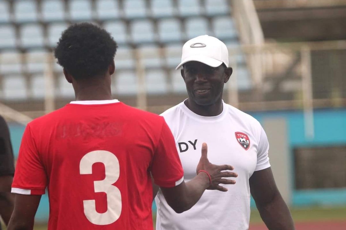 Trinidad and Tobago Head Coach Dwight Yorke (right) greets Joevin Jones (left) at a training session at the Ato Bolton Stadium, Couva on Tuesday, November 12th 2024.